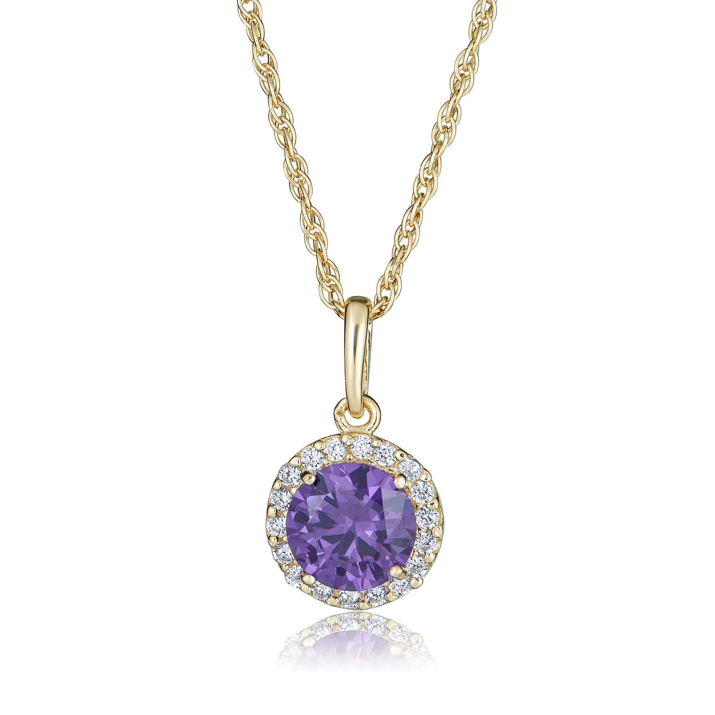 AVORA 10K Yellow Gold Amethyst Halo Pendant Necklace | February Birthstone with CZ Diamond Halo & 18" Chain