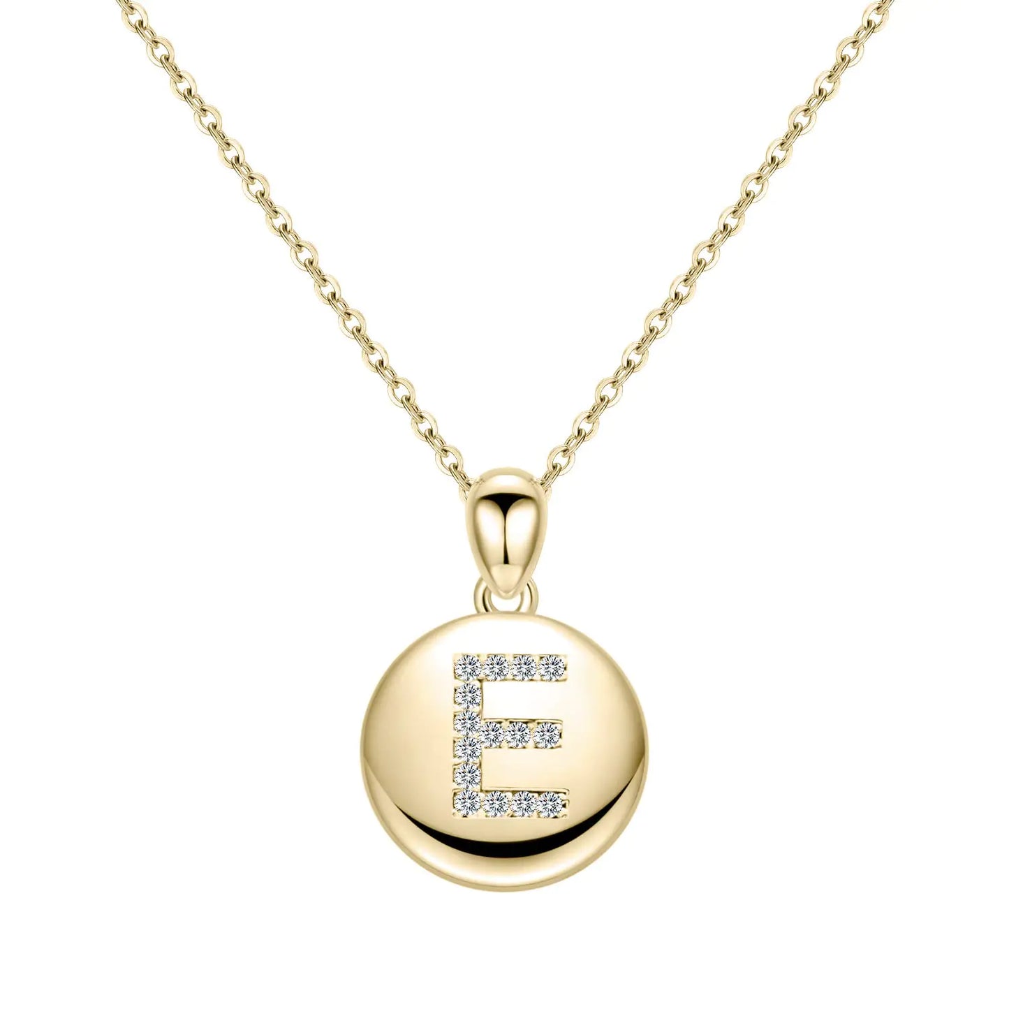 14K Gold Plated E Initial Necklace | Girls Alphabet Letter Pendant | Tiny Disc Gold Charm