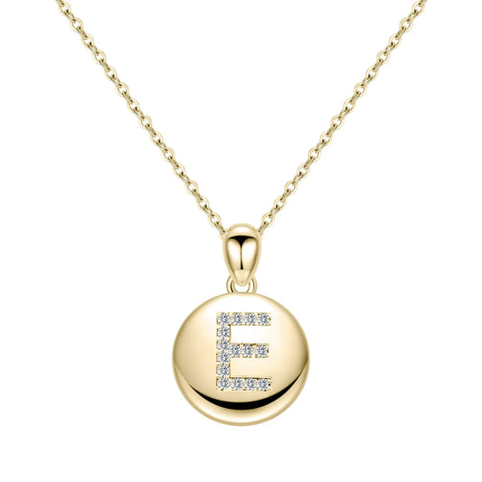 14K Gold Plated E Initial Necklace | Girls Alphabet Letter Pendant | Tiny Disc Gold Charm