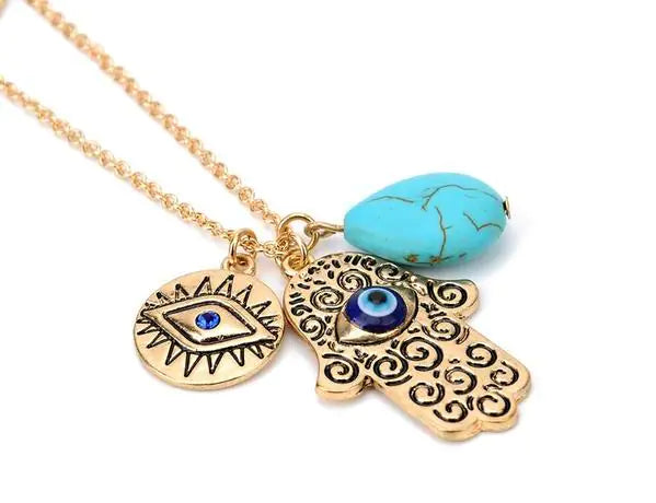 Turquoise Evil Eye Necklace with Hamsa Hand – Multi-Layer Alloy Pendant Necklace for Women, Adjustable 21–50 cm