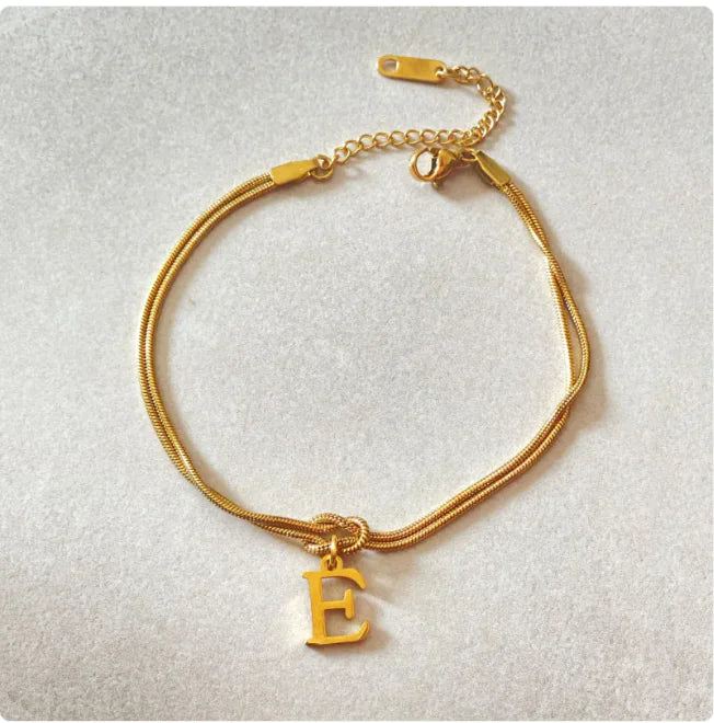 Personalized Initial Love Knot Bracelet for Women - Gold Silver Titanium Steel Snake Chain A-Z Letter Charm Bracelet