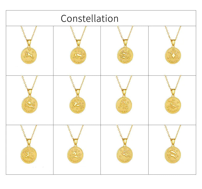 Gold Zodiac Necklace with Custom Engraved Coin Pendant | 12 Zodiac Signs