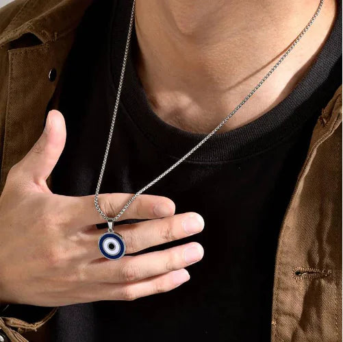 Grecian Evil Eye Pendant Necklace in Stainless Steel – Dripping Oil Geometric Pendant on 60 cm Chain