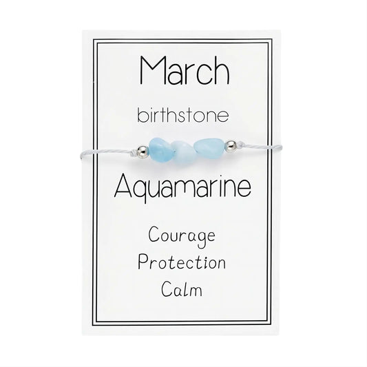 March Aquamarine Birthstone Bracelet for Women & Men - Hand Woven Natural Stone Healing Crystal Beaded Adjustable Bracelet