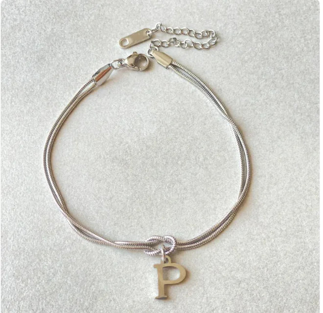 Personalized Initial Love Knot Bracelet for Women - Gold Silver Titanium Steel Snake Chain A-Z Letter Charm Bracelet