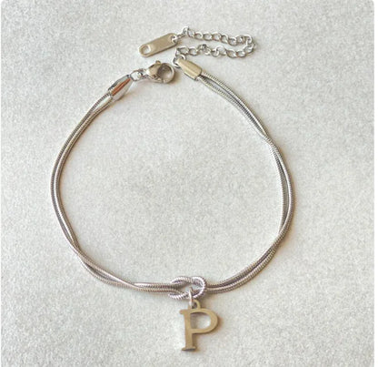Personalized Initial Love Knot Bracelet for Women - Gold Silver Titanium Steel Snake Chain A-Z Letter Charm Bracelet