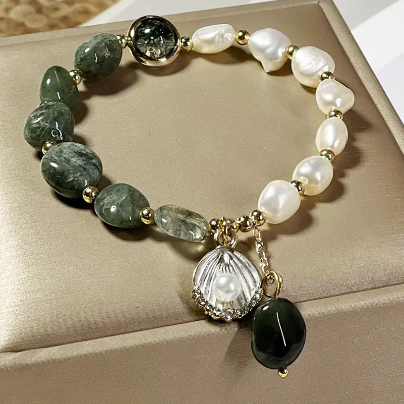 Korean-Style Green Quartz and Pearl Bracelet for Women - Elegant Asian Healing Crystal Jewelry