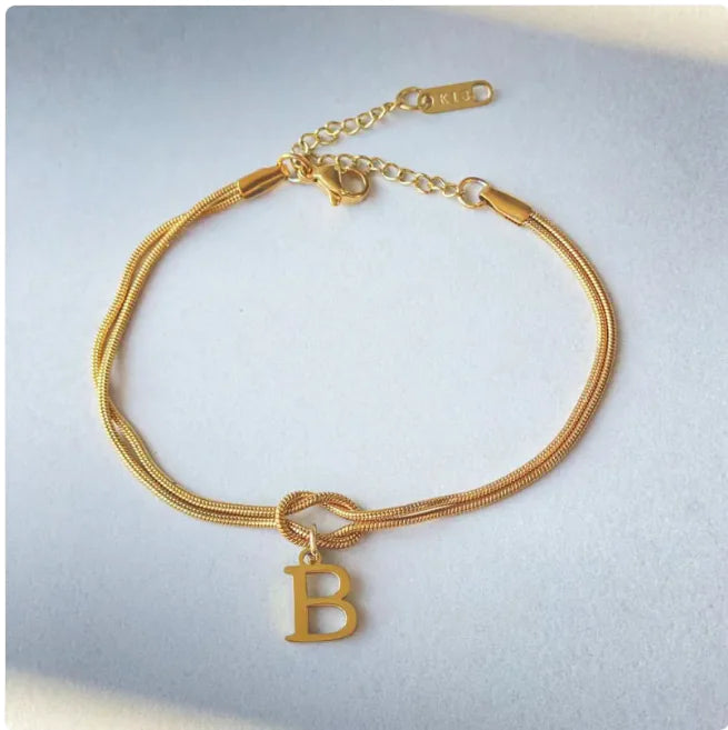 Personalized Initial Love Knot Bracelet for Women - Gold Silver Titanium Steel Snake Chain A-Z Letter Charm Bracelet