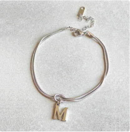 Personalized Initial Love Knot Bracelet for Women - Gold Silver Titanium Steel Snake Chain A-Z Letter Charm Bracelet