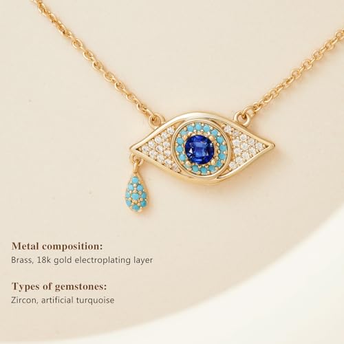 Cicy Bell Evil Eye Necklace for Women – 18k Gold Plated Turquoise & Cubic Zirconia Dainty Pendant, 16.1" + 1.9" Extender