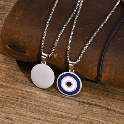Grecian Evil Eye Pendant Necklace in Stainless Steel – Dripping Oil Geometric Pendant on 60 cm Chain