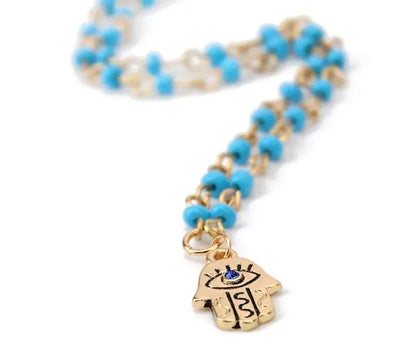 Turquoise Evil Eye Necklace with Hamsa Hand – Multi-Layer Alloy Pendant Necklace for Women, Adjustable 21–50 cm