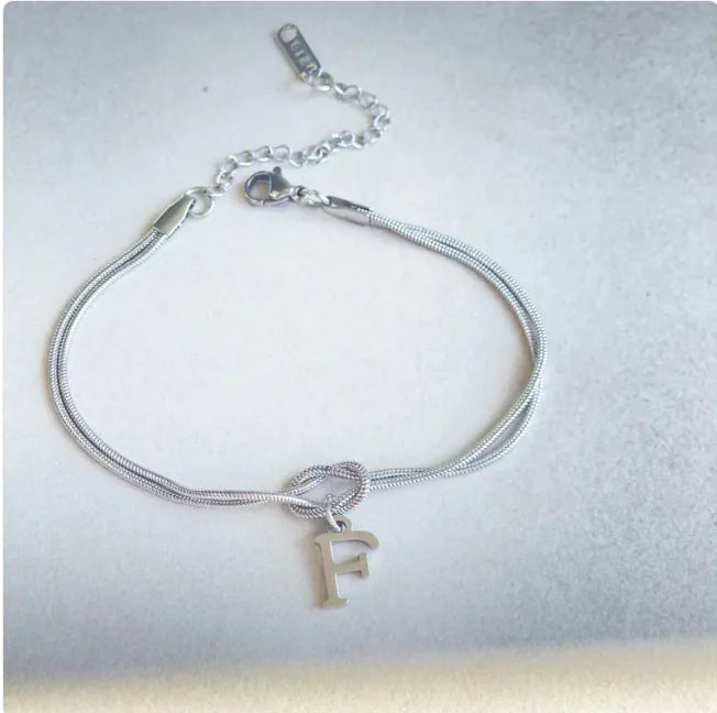 Personalized Initial Love Knot Bracelet for Women - Gold Silver Titanium Steel Snake Chain A-Z Letter Charm Bracelet