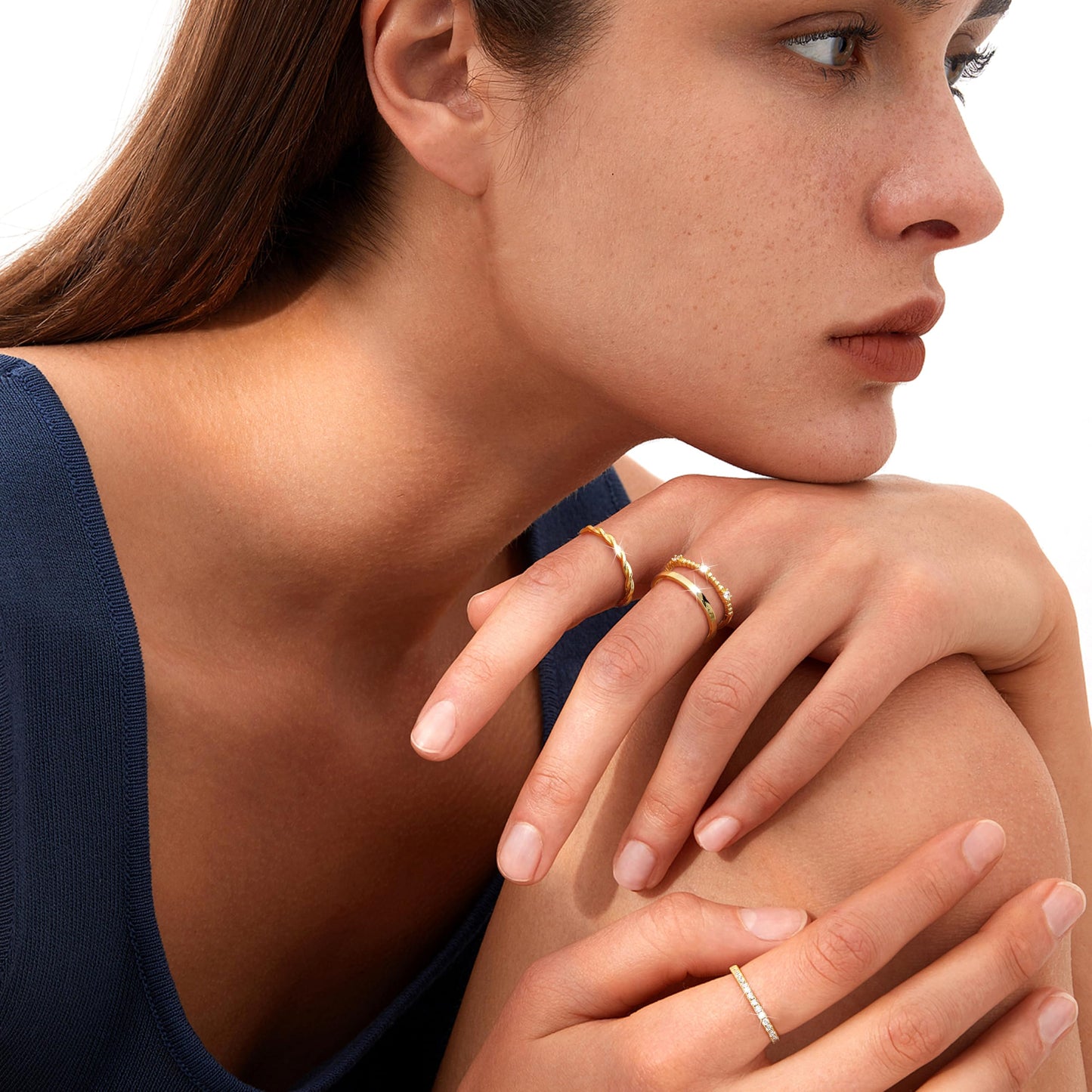 FUNRUN JEWELRY Stackable Gold Rings for Women Non Tarnish 14K Gold Plated Minimalist Cubic Zirconia Statement Engagement Promise Band Rings Thin Dainty Knuckle Thumb Ring Set Size 5-10