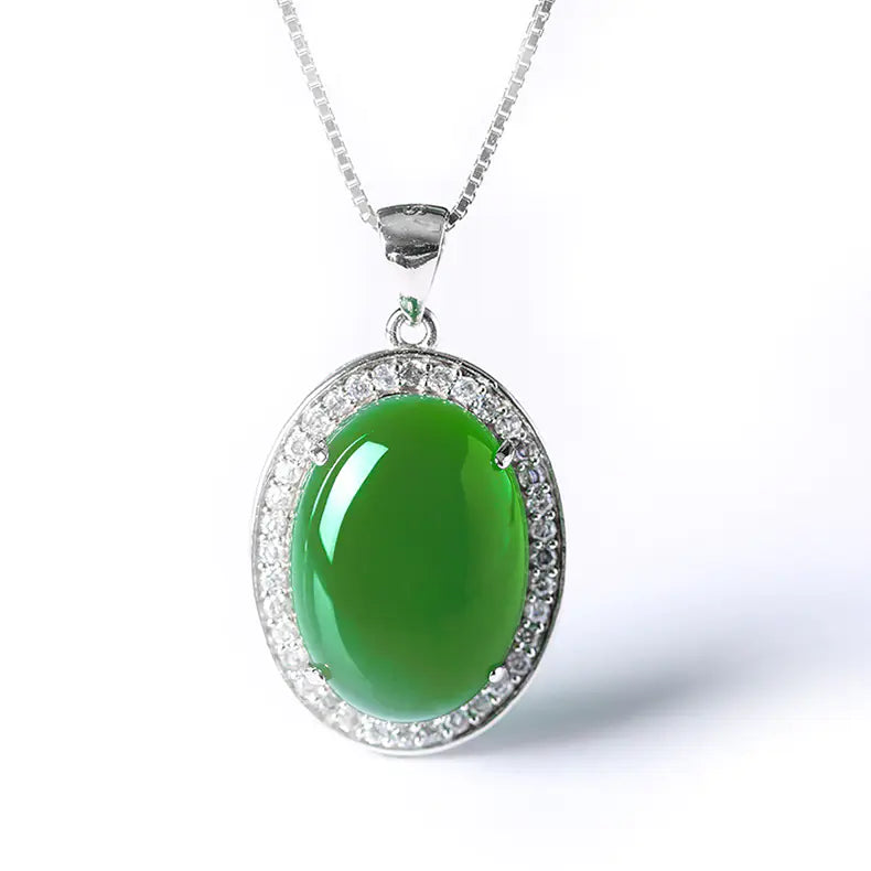 Natural Green Agate Silver Necklace with Gemstone Pendant