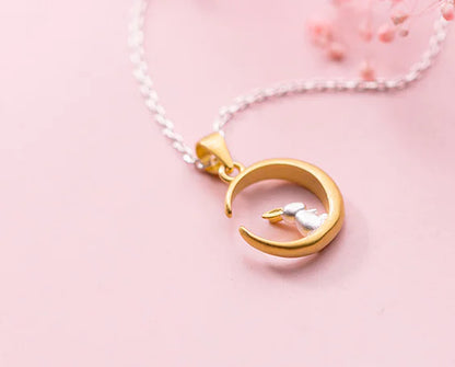 Custom Cute Forest Moon Rabbit Pendant Necklace 925 Silver