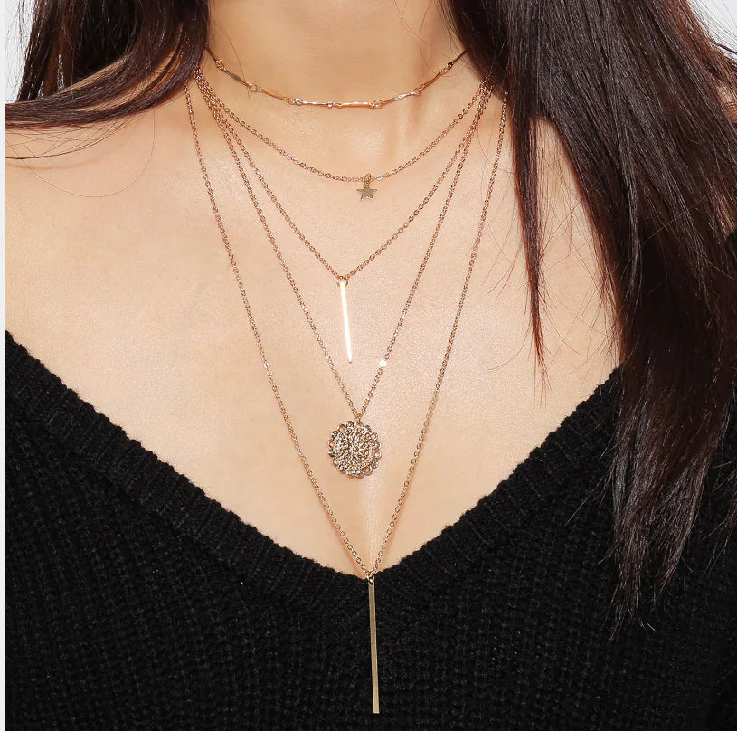 Retro Sunflower Star Layered Pendant Necklace with Metal Rod and Celestial Design