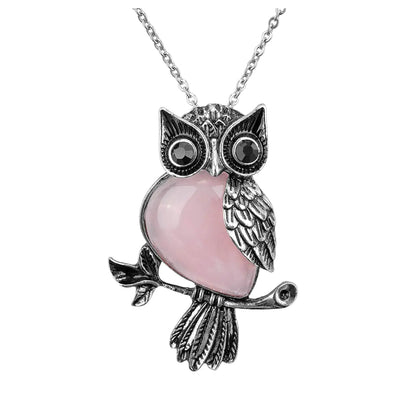 Jovivi Owl Gifts Vintage Owl Necklace Healing Crystals Stone Pendant Necklaces for Women Men Natural Rose Quartz Gemstone Jewelry Reiki Spiritual Energy Lucky