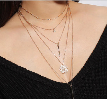 Retro Sunflower Star Layered Pendant Necklace with Metal Rod and Celestial Design