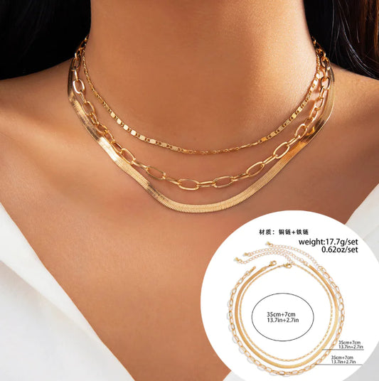 Gold 3-Piece Necklace Set with Snake Chain Design (One Set)