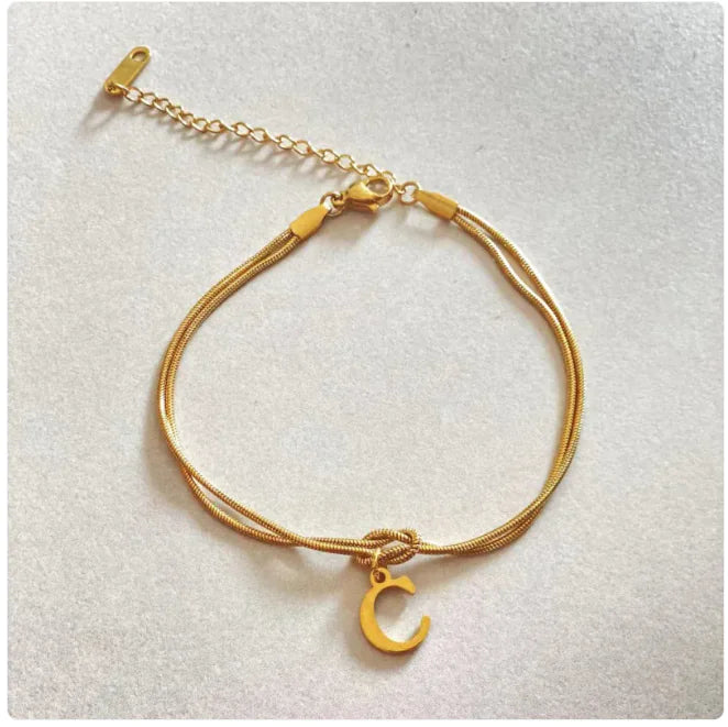 Personalized Initial Love Knot Bracelet for Women - Gold Silver Titanium Steel Snake Chain A-Z Letter Charm Bracelet
