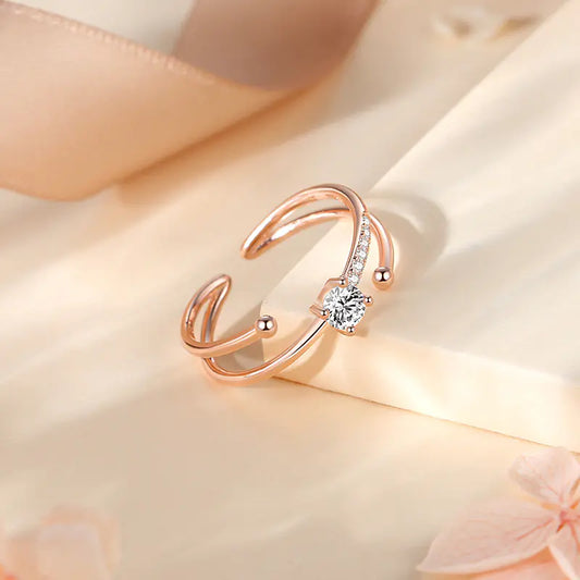 Double-layer Sterling Silver 925 Ring with Zircon Star | Adjustable Rose & White Gold