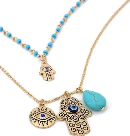 Turquoise Evil Eye Necklace with Hamsa Hand – Multi-Layer Alloy Pendant Necklace for Women, Adjustable 21–50 cm