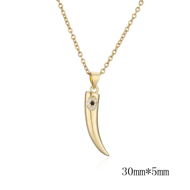 Gold Wolf Tooth Pendant Necklace with Devil's Eye Design