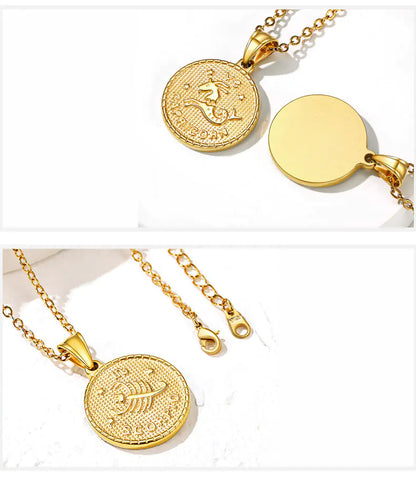 Gold Zodiac Necklace with Custom Engraved Coin Pendant | 12 Zodiac Signs
