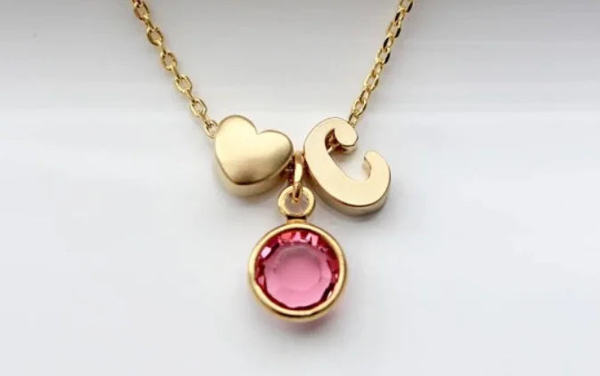 Personalized Birthstone Necklace with Heart Charm & Letter - Custom Stainless Steel Jewelry Gift
