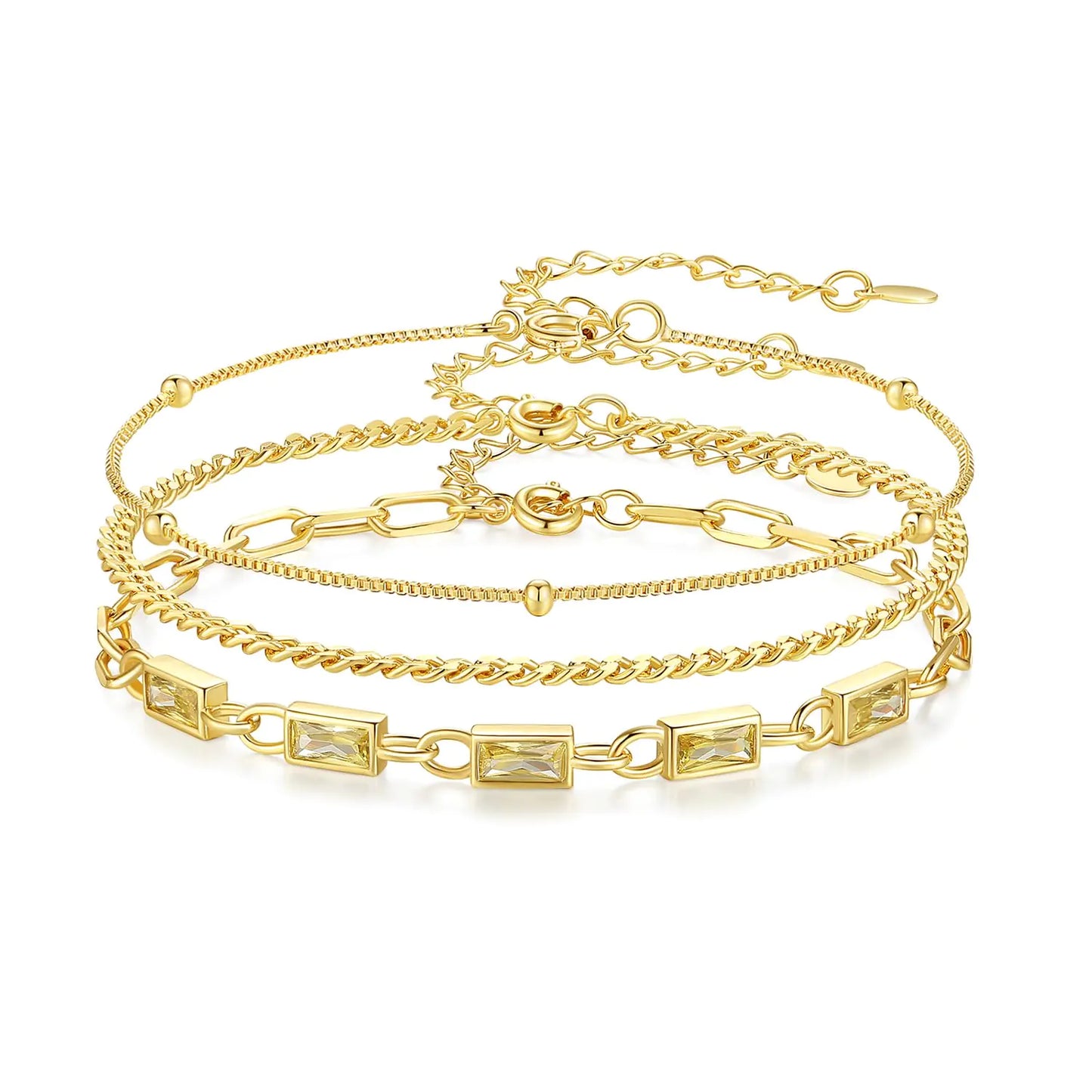 Birthstone Bracelet Set for Women - 18K Gold Plated 3-Piece Layered Charm Bracelet - Personalized Birthstone Jewelry Gift