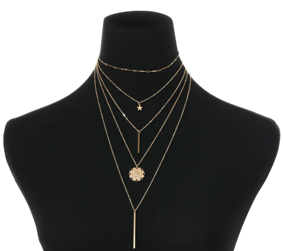 Retro Sunflower Star Layered Pendant Necklace with Metal Rod and Celestial Design