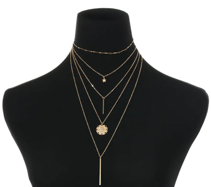 Retro Sunflower Star Layered Pendant Necklace with Metal Rod and Celestial Design