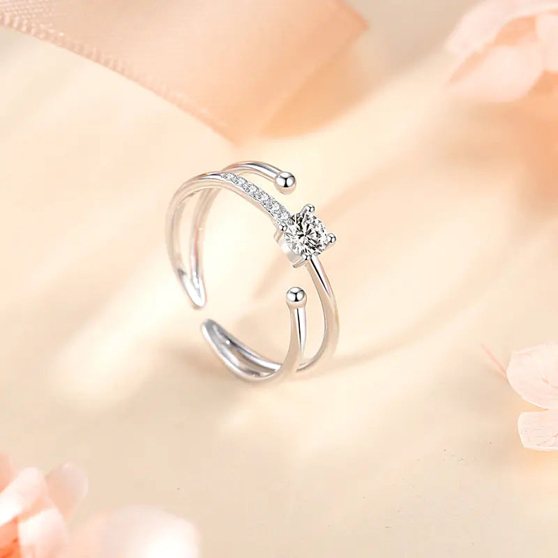 Double-layer Sterling Silver 925 Ring with Zircon Star | Adjustable Rose & White Gold