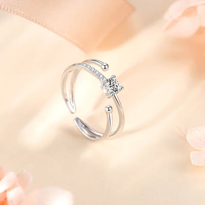 Double-layer Sterling Silver 925 Ring with Zircon Star | Adjustable Rose & White Gold