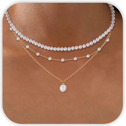 PEALICIOUS Pearl Necklaces for Women Set Dainty Pearl Choker 14K Gold Layered Necklace White Pearl Necklace Pendant Gold Jewelry Set Trendy Necklaces for Teen Girls Valentine Gifts Wedding Jewelry