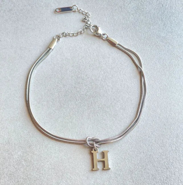 Personalized Initial Love Knot Bracelet for Women - Gold Silver Titanium Steel Snake Chain A-Z Letter Charm Bracelet