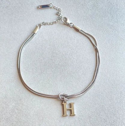 Personalized Initial Love Knot Bracelet for Women - Gold Silver Titanium Steel Snake Chain A-Z Letter Charm Bracelet