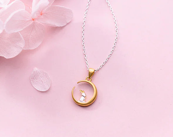 Custom Cute Forest Moon Rabbit Pendant Necklace 925 Silver