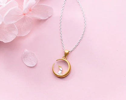 Custom Cute Forest Moon Rabbit Pendant Necklace 925 Silver