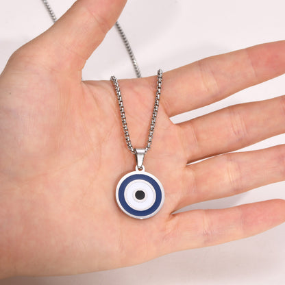 Grecian Evil Eye Pendant Necklace in Stainless Steel – Dripping Oil Geometric Pendant on 60 cm Chain