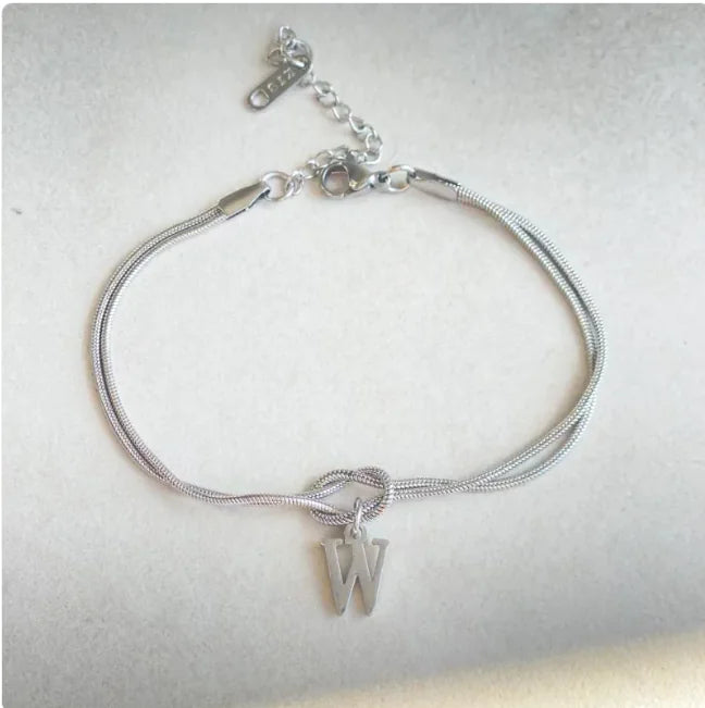 Personalized Initial Love Knot Bracelet for Women - Gold Silver Titanium Steel Snake Chain A-Z Letter Charm Bracelet