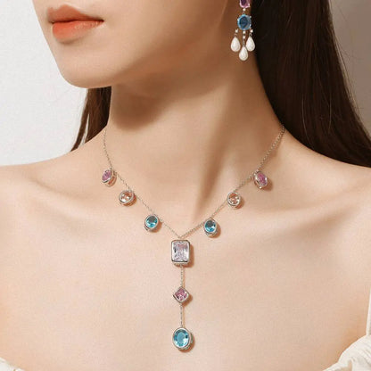 Colorful Gemstone Necklace with Earrings Set | Heavy Industry Fashion | Crystal & Stone Jewelry