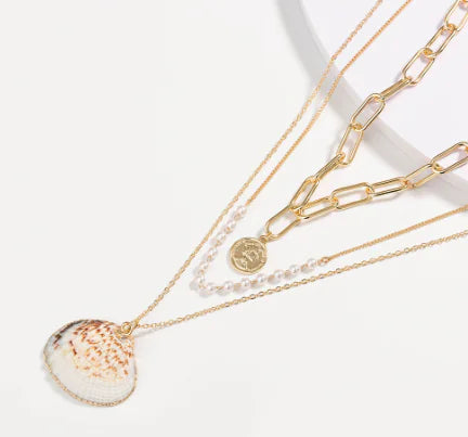 Trendy Layered Shell Necklace with Pearl Letter Pendant