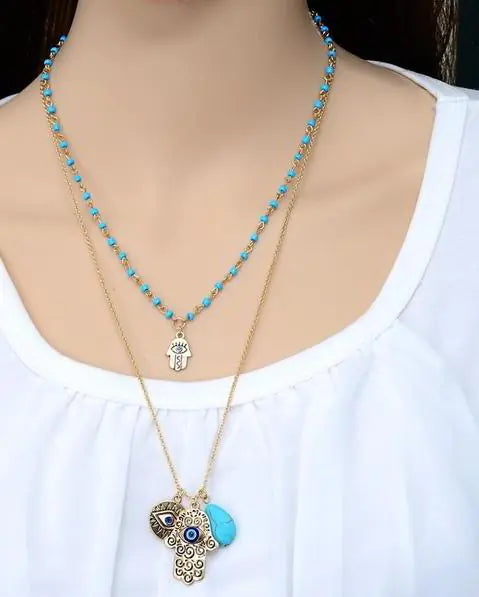 Turquoise Evil Eye Necklace with Hamsa Hand – Multi-Layer Alloy Pendant Necklace for Women, Adjustable 21–50 cm