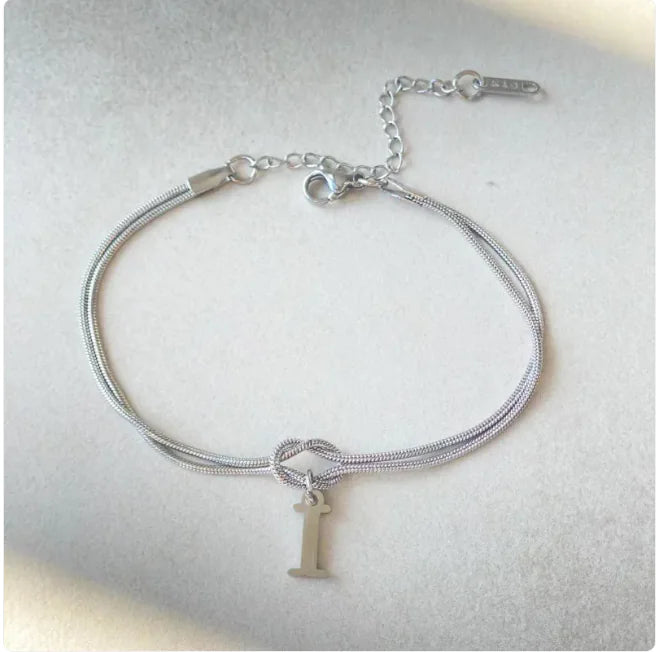 Personalized Initial Love Knot Bracelet for Women - Gold Silver Titanium Steel Snake Chain A-Z Letter Charm Bracelet