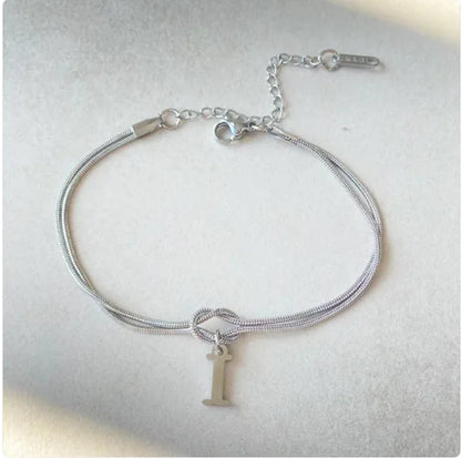 Personalized Initial Love Knot Bracelet for Women - Gold Silver Titanium Steel Snake Chain A-Z Letter Charm Bracelet