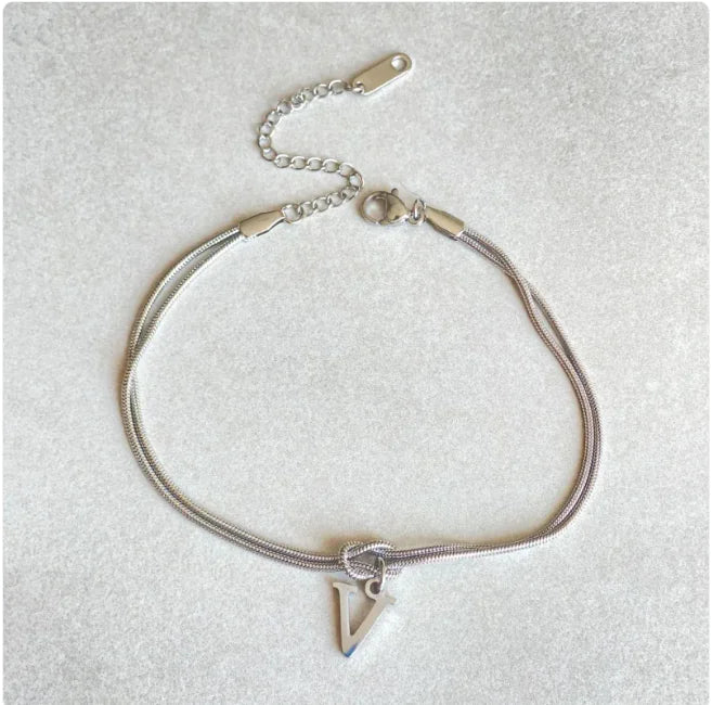 Personalized Initial Love Knot Bracelet for Women - Gold Silver Titanium Steel Snake Chain A-Z Letter Charm Bracelet