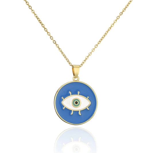 Jasimkiss 18k Gold Plated Evil Eye Enamel Pendant Necklace – Adjustable Lucky Amulet Jewelry for Women, 18" + 2" Extender (Blue)