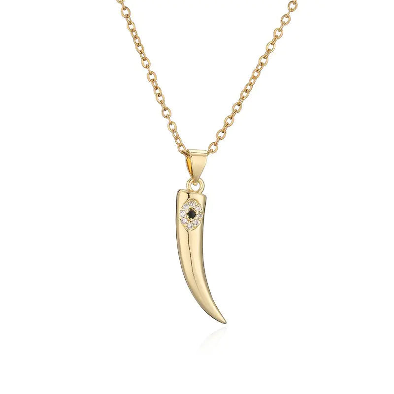 Gold Wolf Tooth Pendant Necklace with Devil's Eye Design